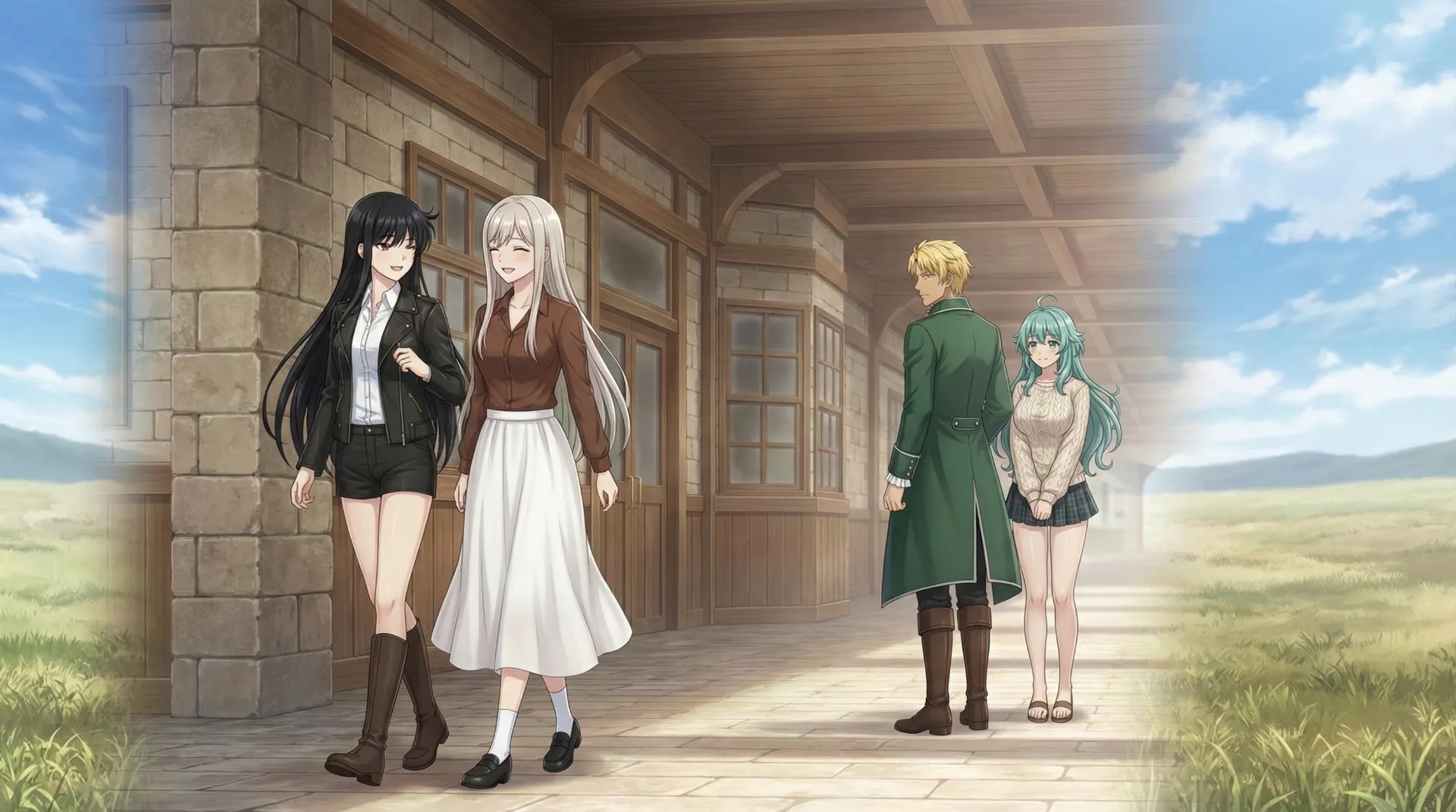 駅の中の回廊を歩く二人の女性と、後ろで立ち止まり振り返るラムリーザとソニア