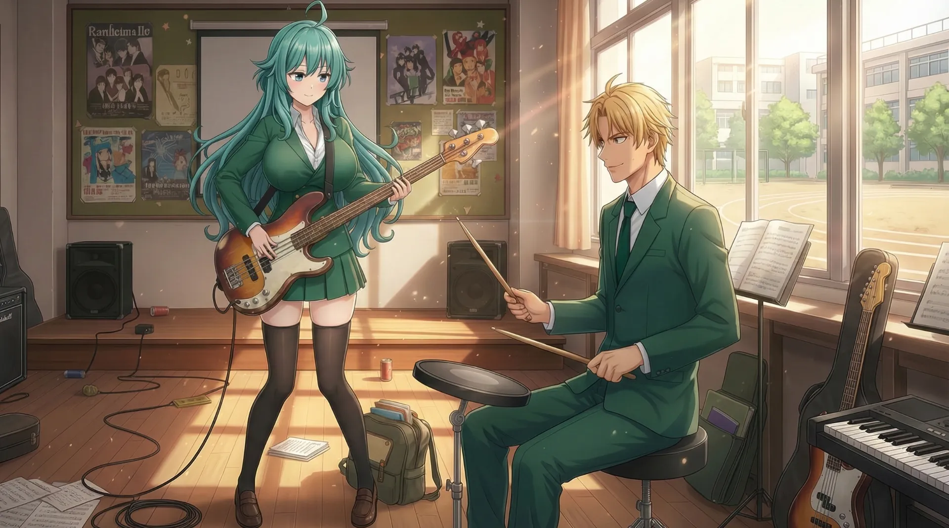 音楽室でベースを弾くソニアと、ドラムを叩くラムリーザが演奏の練習をしている