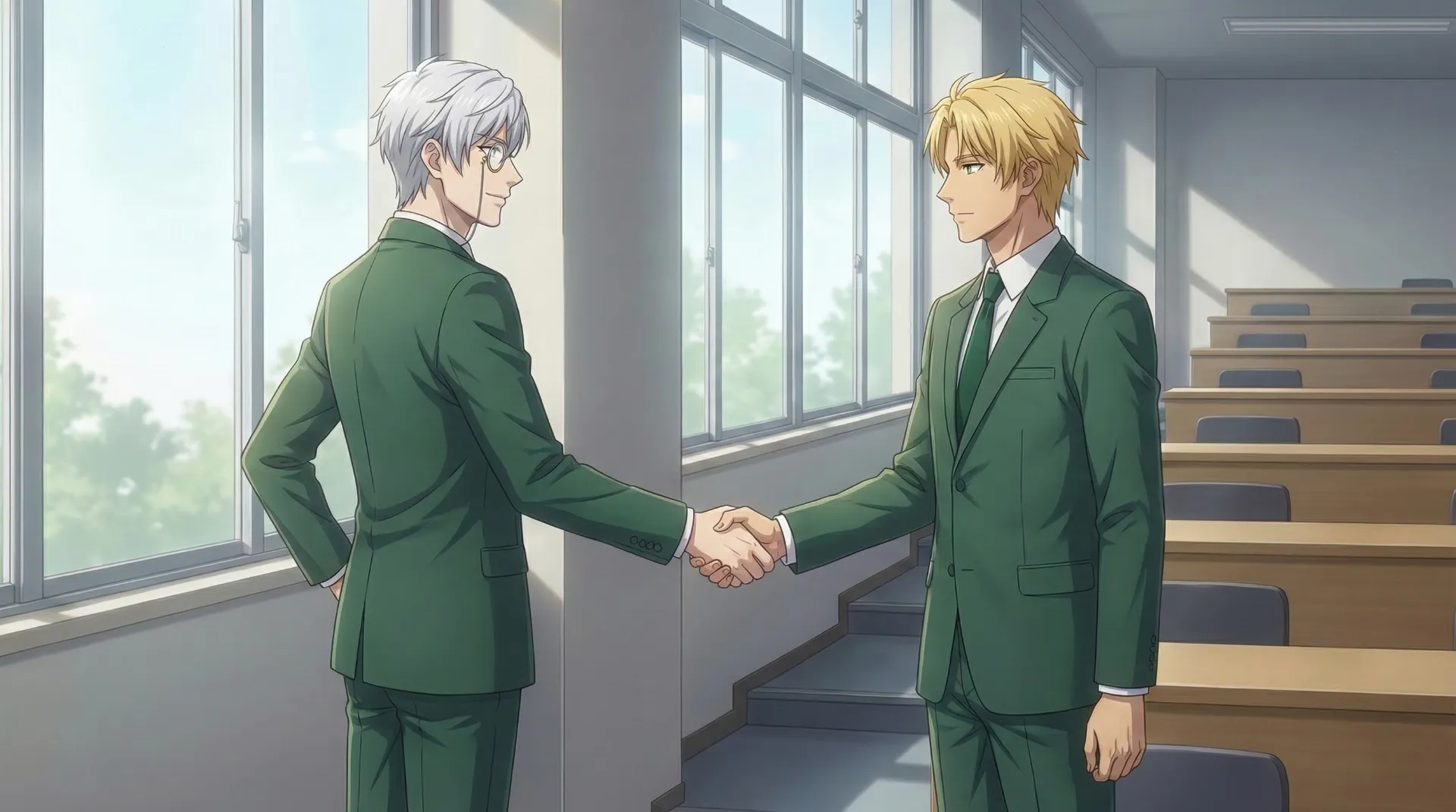 教室で、ラムリーザとリゲルが握手を交わしている