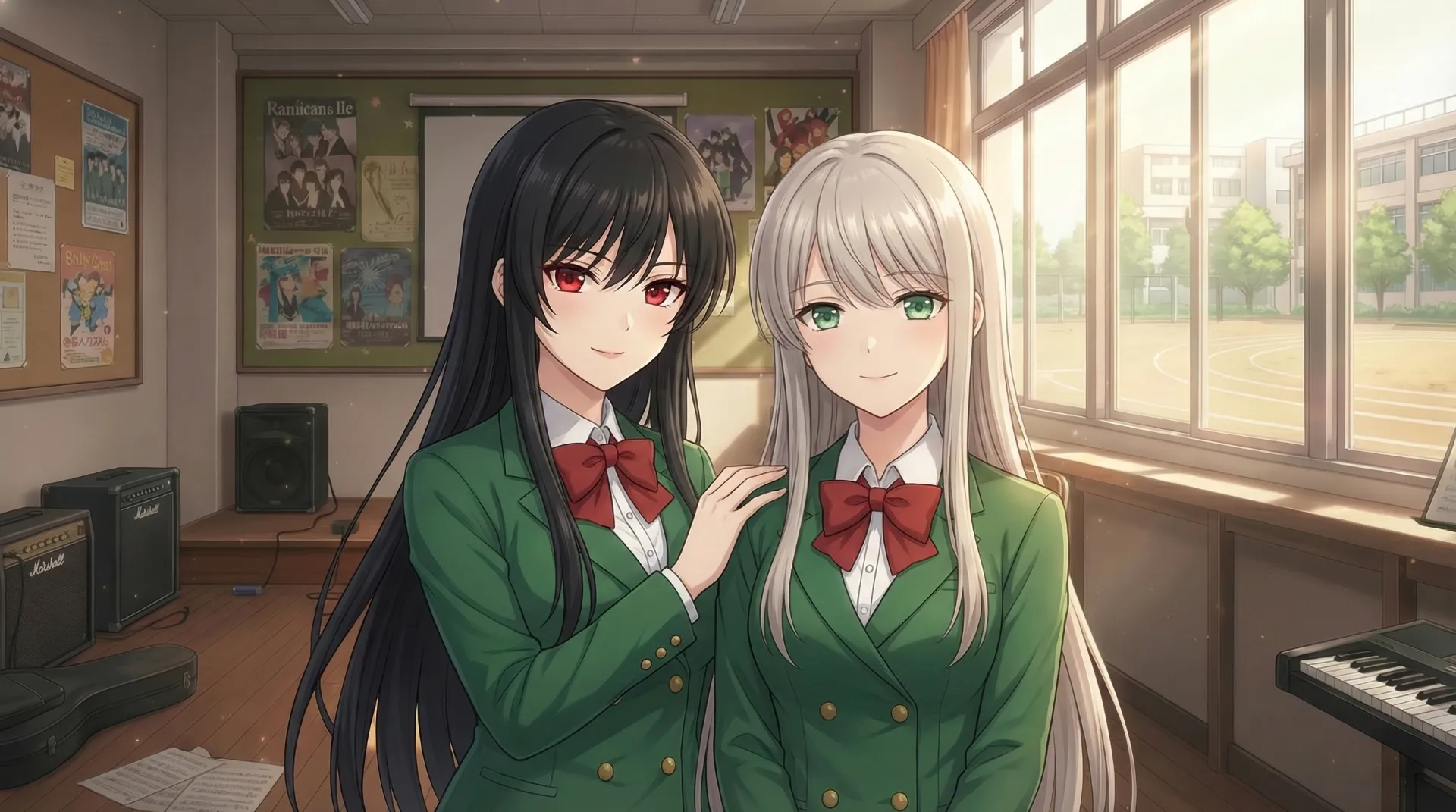 軽音楽部の部室で、黒髪のリリスとプラチナブロンドのユコが並んで立っている