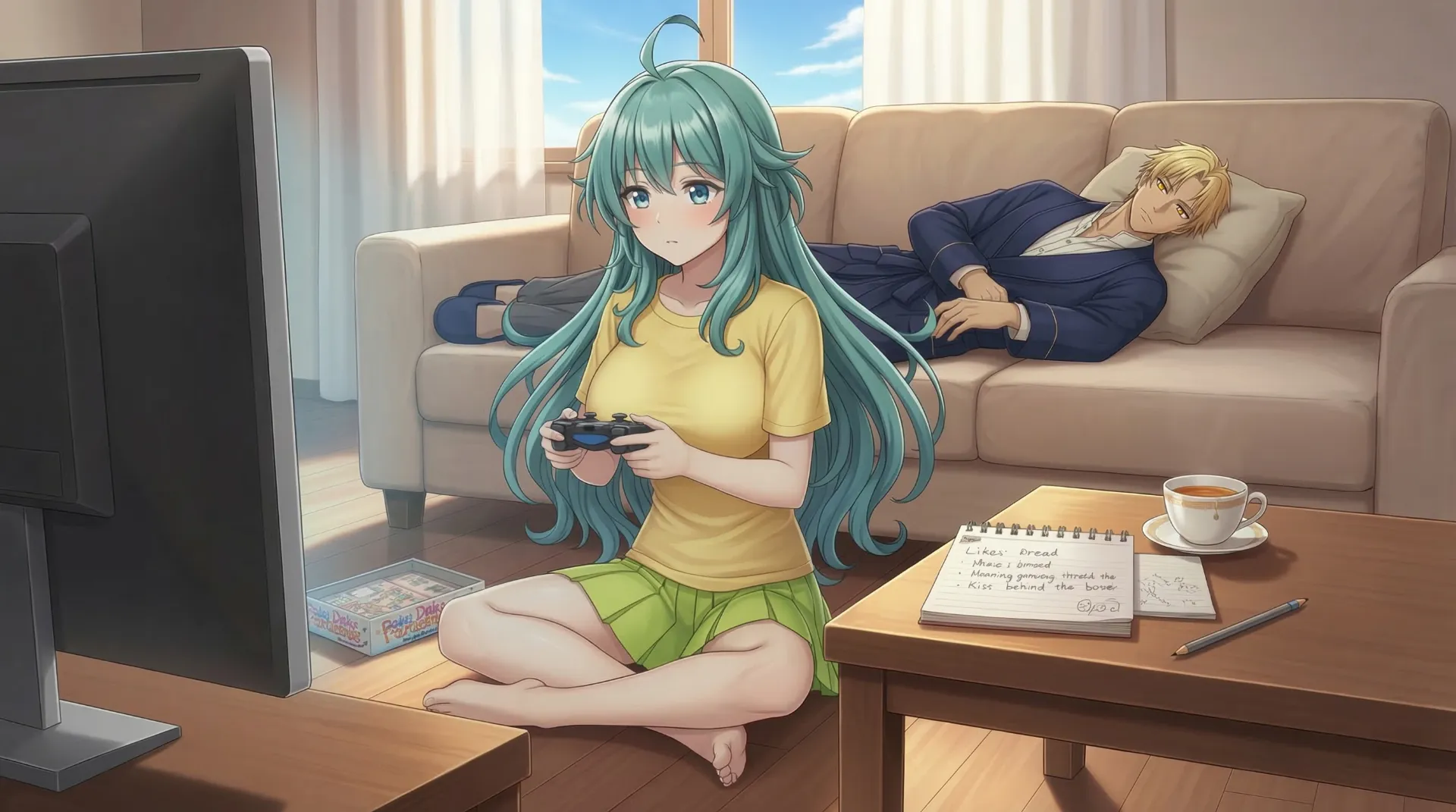 テレビの前に座ったソニアが恋愛ゲーム「ドキドキパラダイス」を遊んでいる