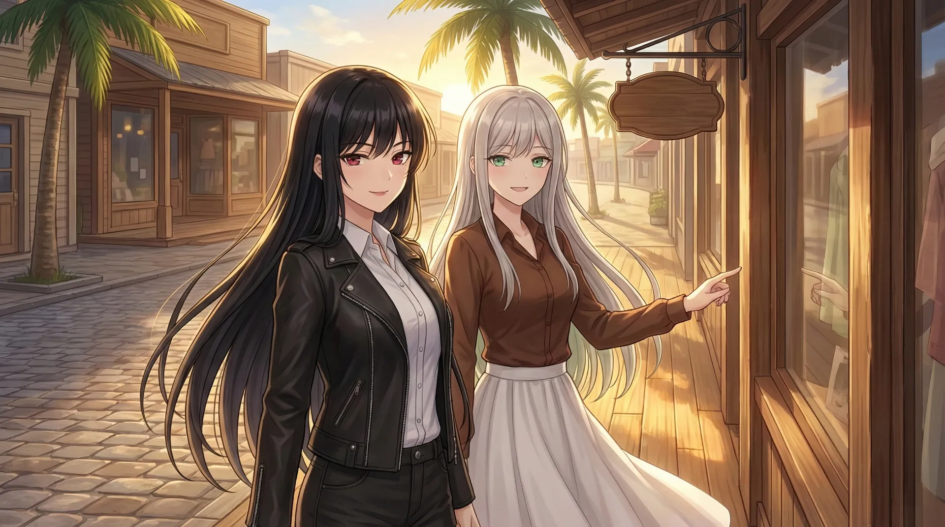 商店の並ぶ通りで、リリスとユコが店のショーウィンドウを見ながら歩いている