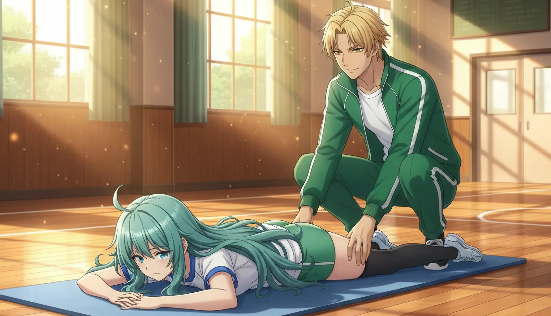 上体そらしをやるソニアがラムリーザに太ももを押さえてもらう場面