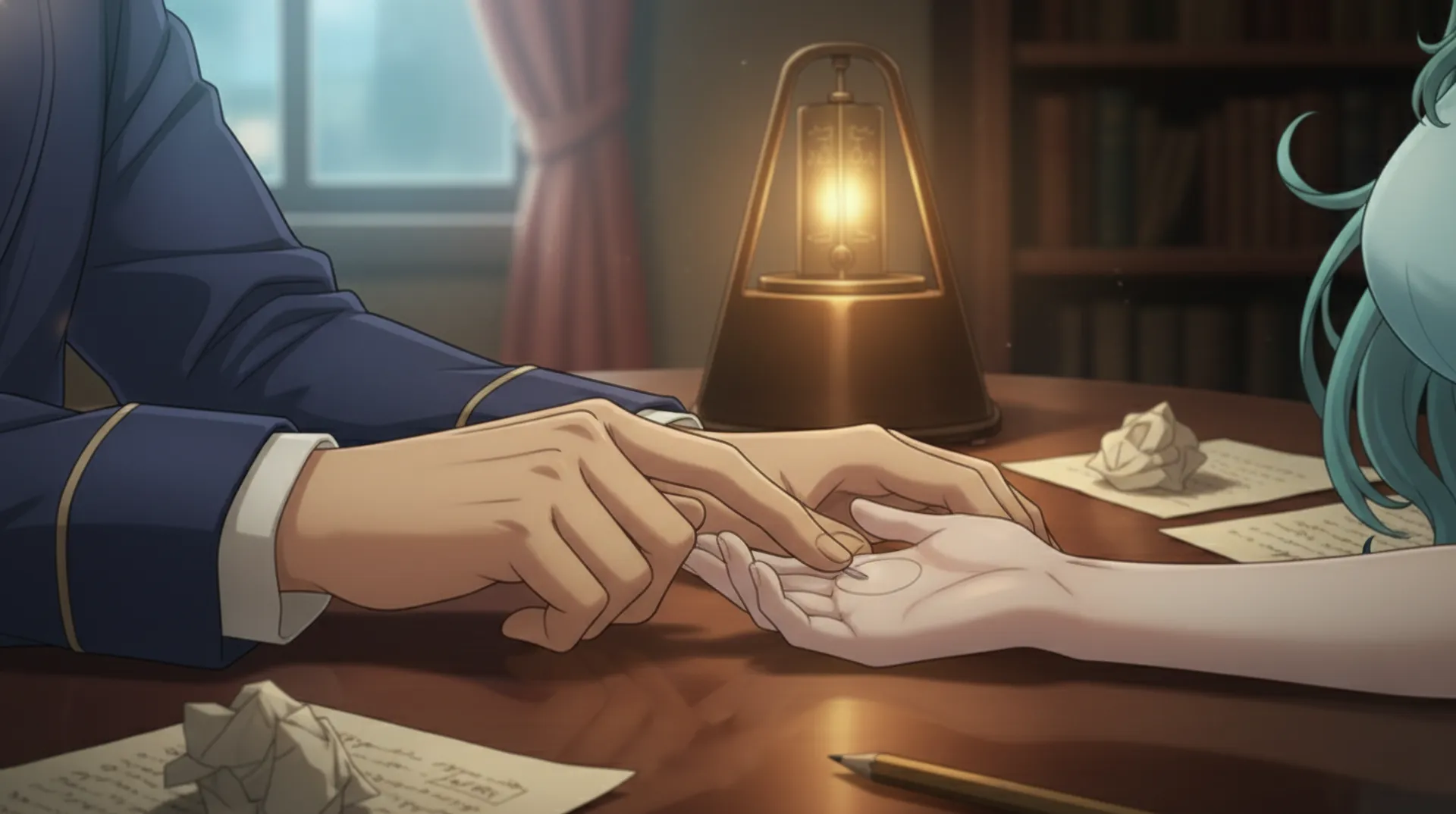 灯りのともる机を挟んで向かい合い、ラムリーザがソニアの手のひらに指で小さな円を描いている