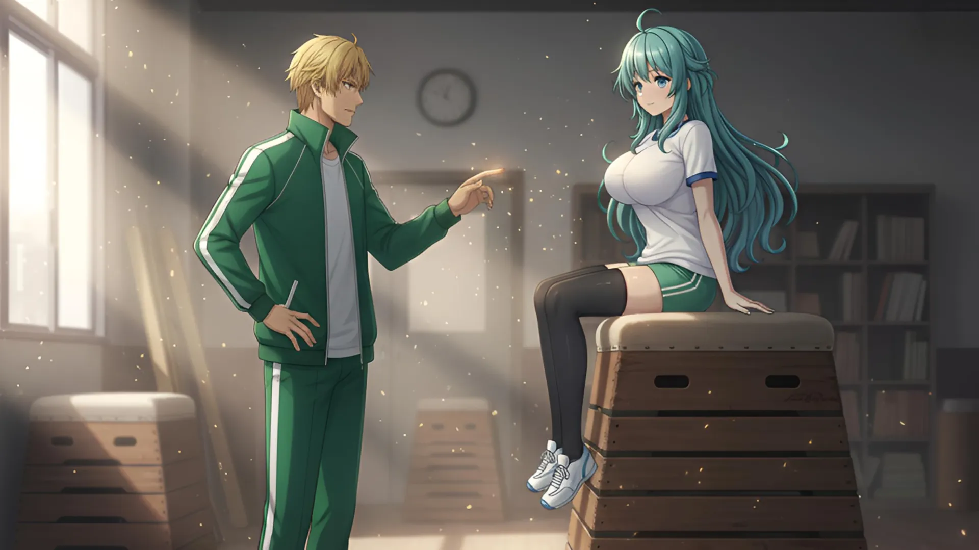 跳び箱に飛び乗ったソニアが、ラムリーザを誘惑している場面