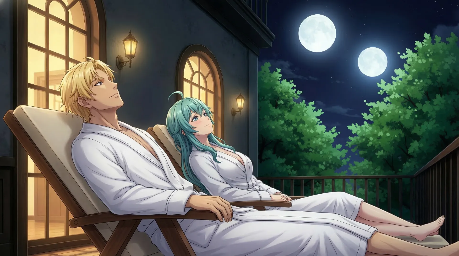 木製のデッキチェアにラムリーザとソニアが並んで寝転び、静かに夜空を見上げている情景