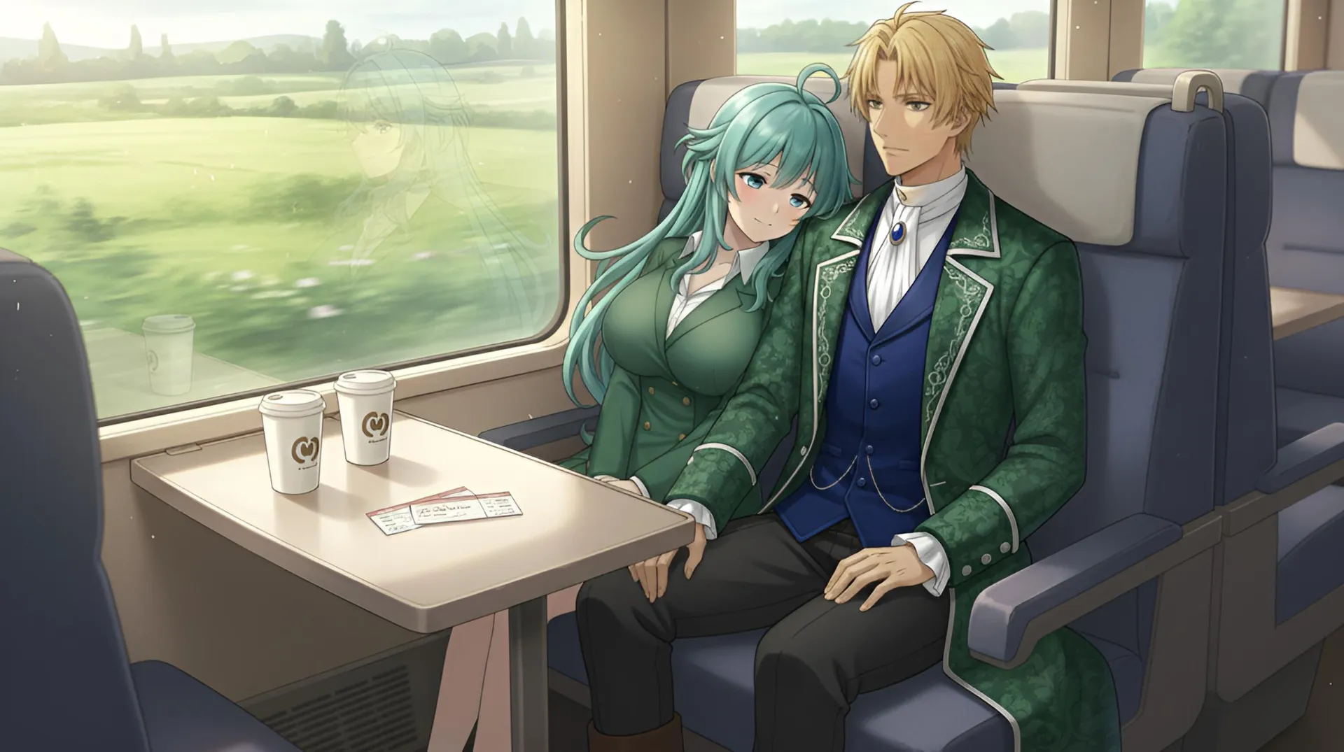 列車の座席で、ソニアがラムリーザの肩に頭を預けて寄り添っている