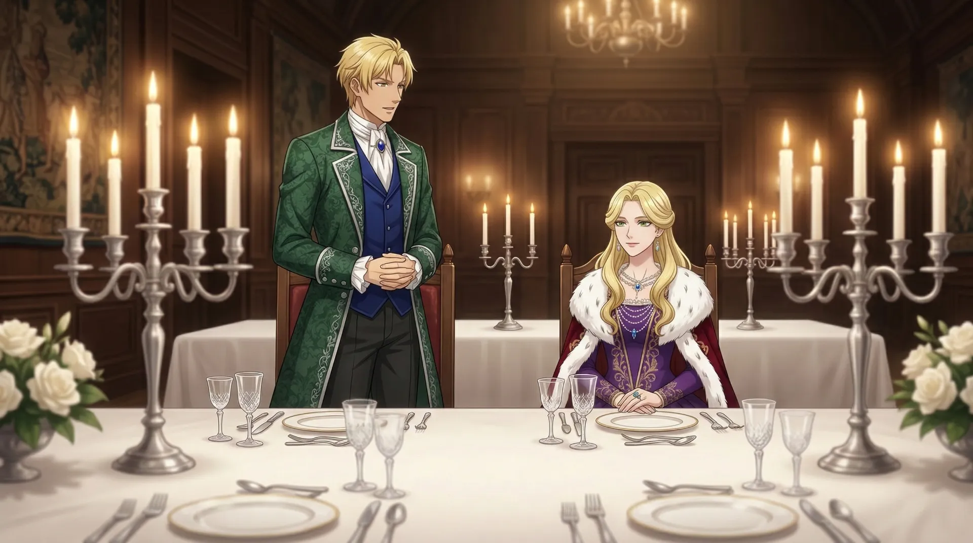 燭台の並ぶ晩餐の席で、ラムリーザがソフィアに向かって感謝の言葉を述べている