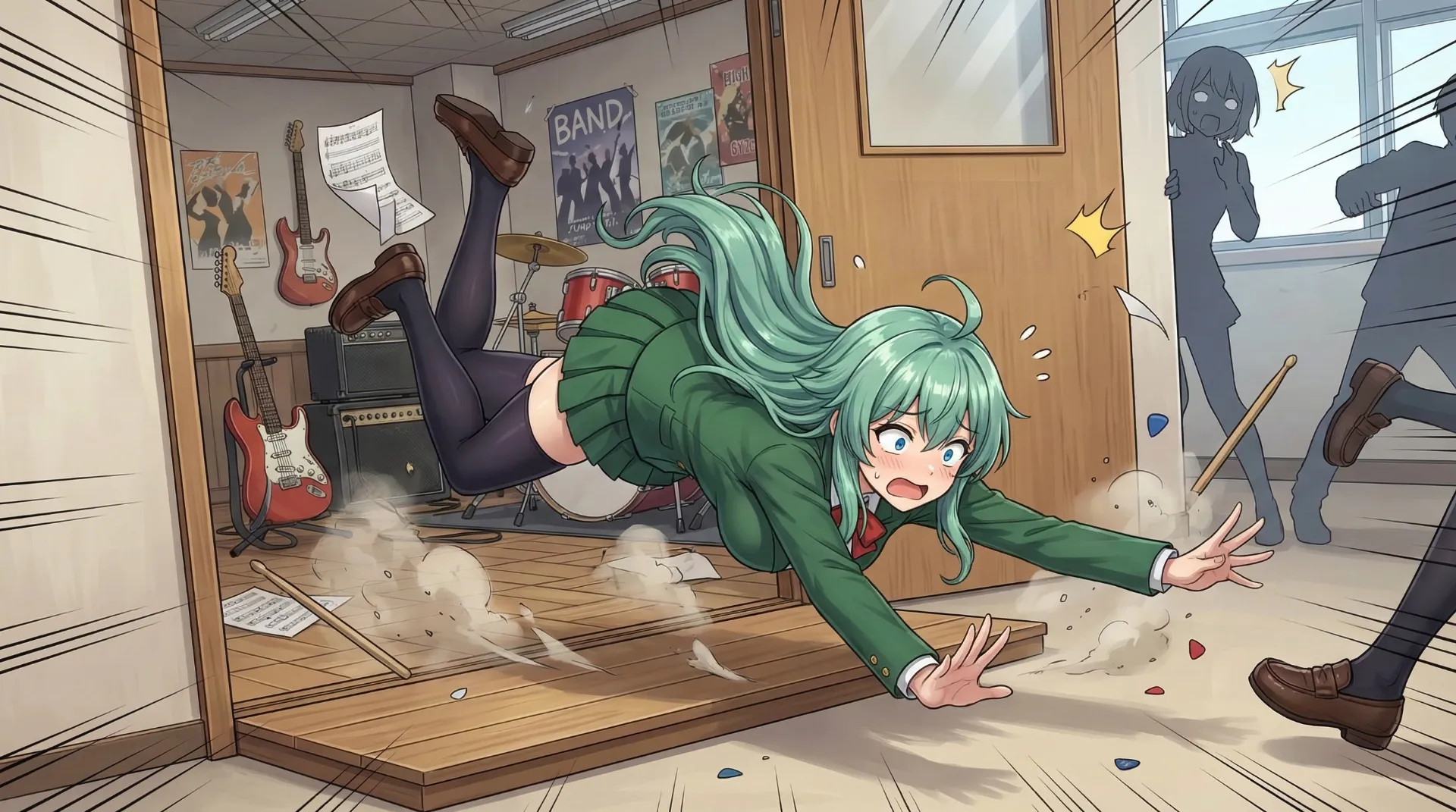 ソニアが小さな段差に足を引っかけて、頭から滑り込むように外へ飛び出していく場面