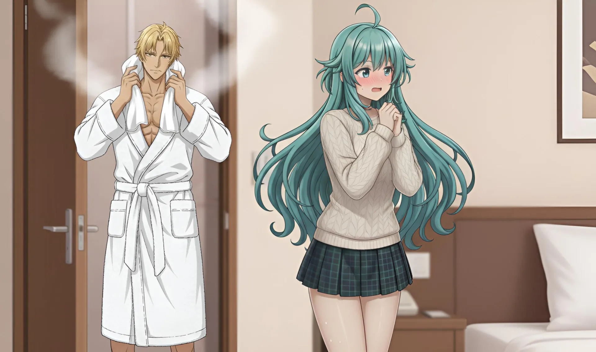 バスローブ姿のラムリーザが、ソニアたちの前に現れた場面