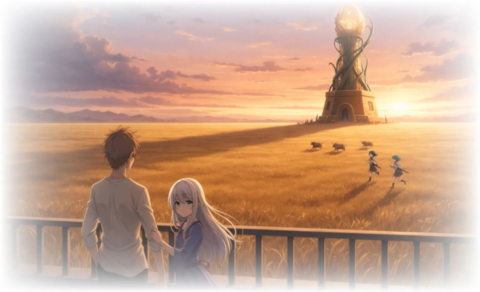 夕陽の中の小道と魔法の塔