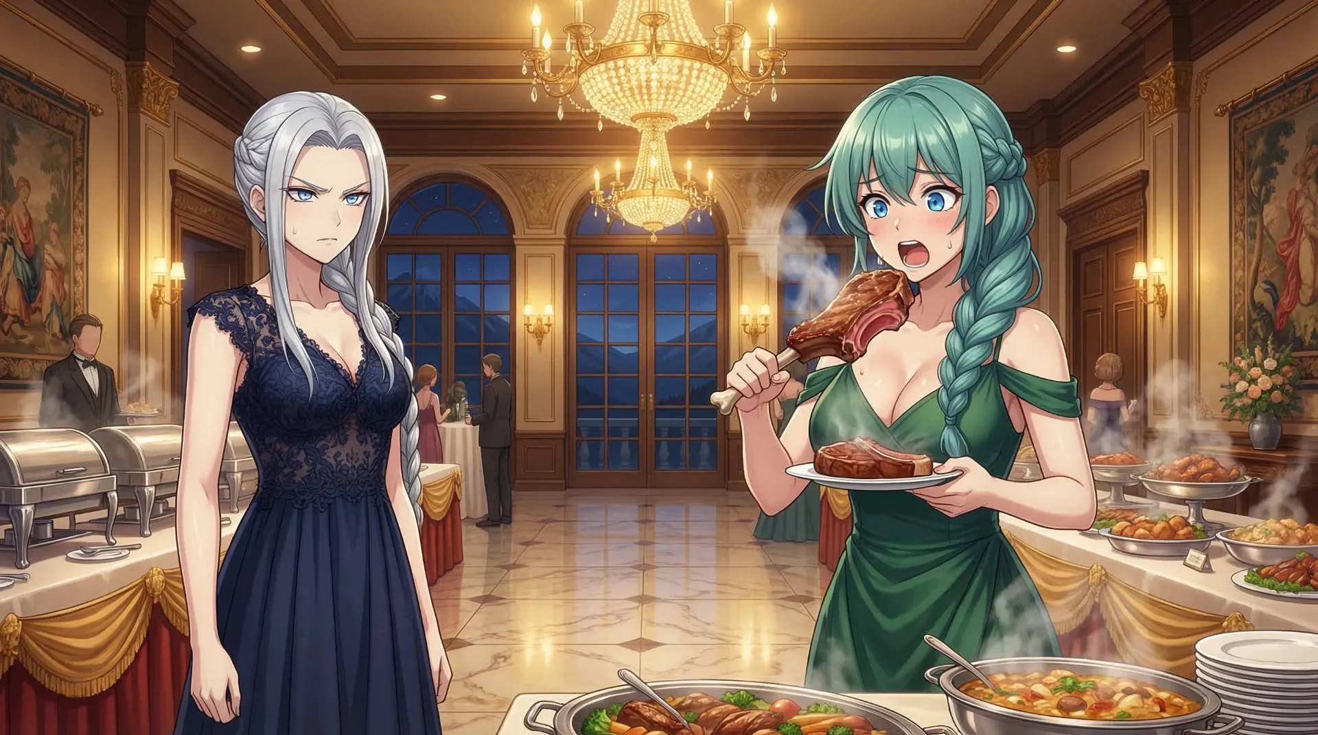 風紀監査委員ケルムが肉を頬張るソニアを注意する場面