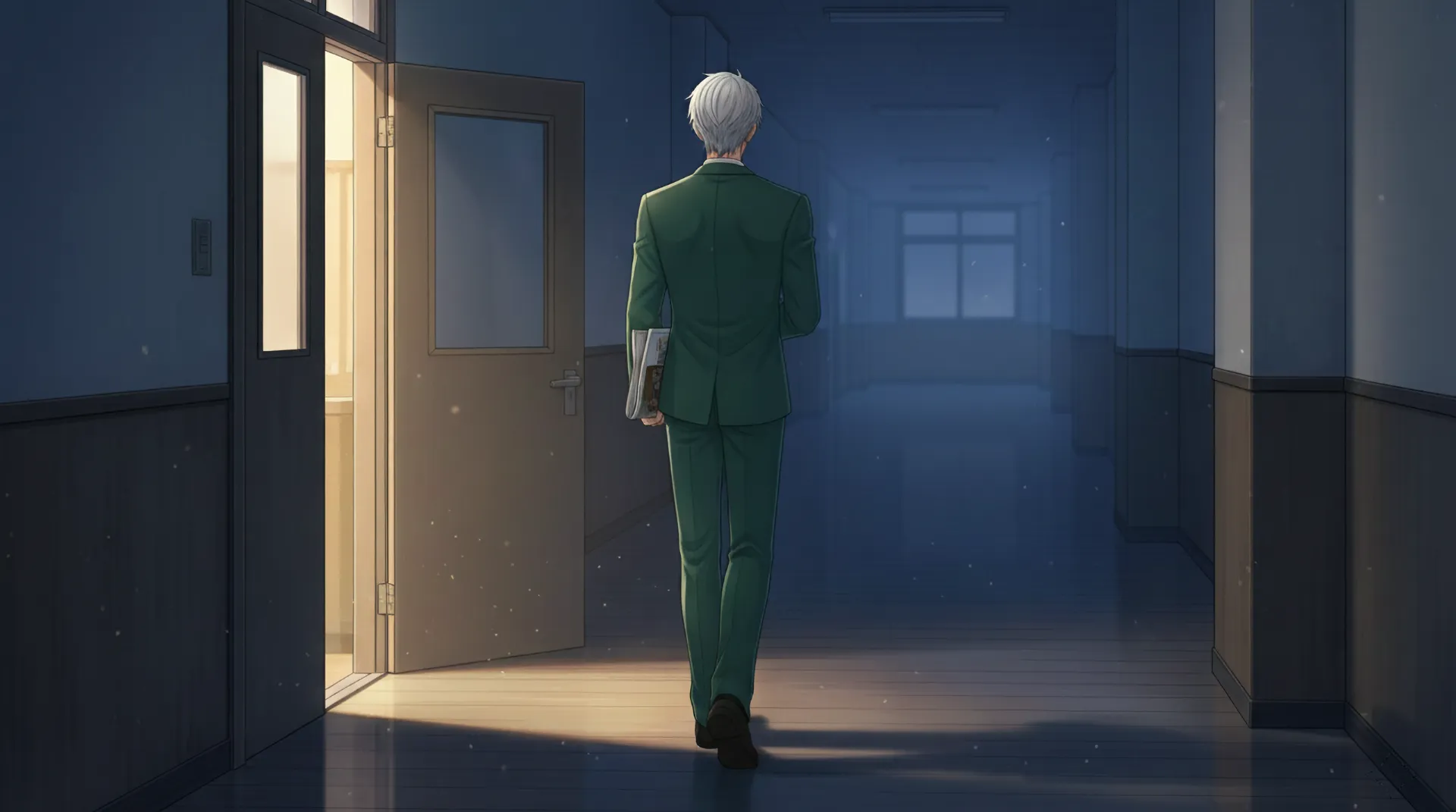 軽音楽部の部室から、リゲルが一人で立ち去る場面