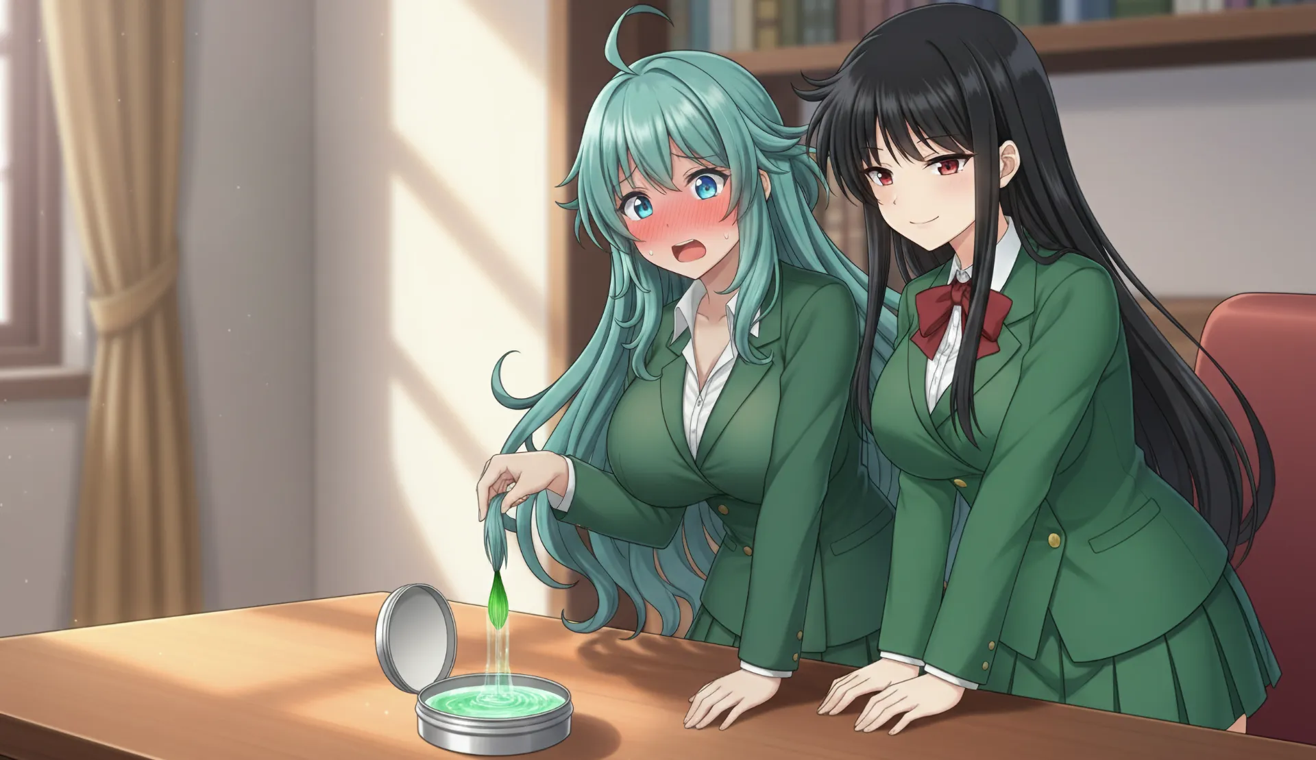 液体が緑っぽく染まり、ソニアが顔を赤らめる場面