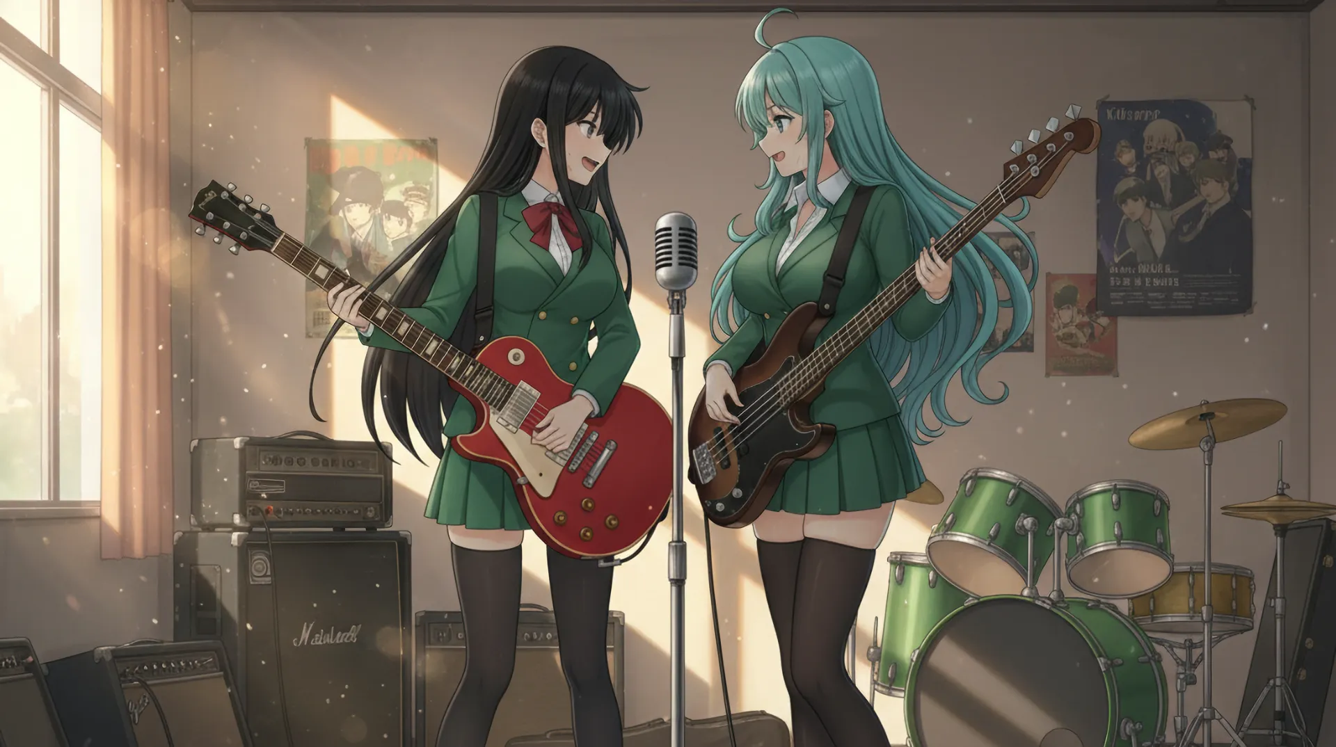 軽音楽部の部室で、ソニアとリリスが並んで演奏しながら歌っている場面