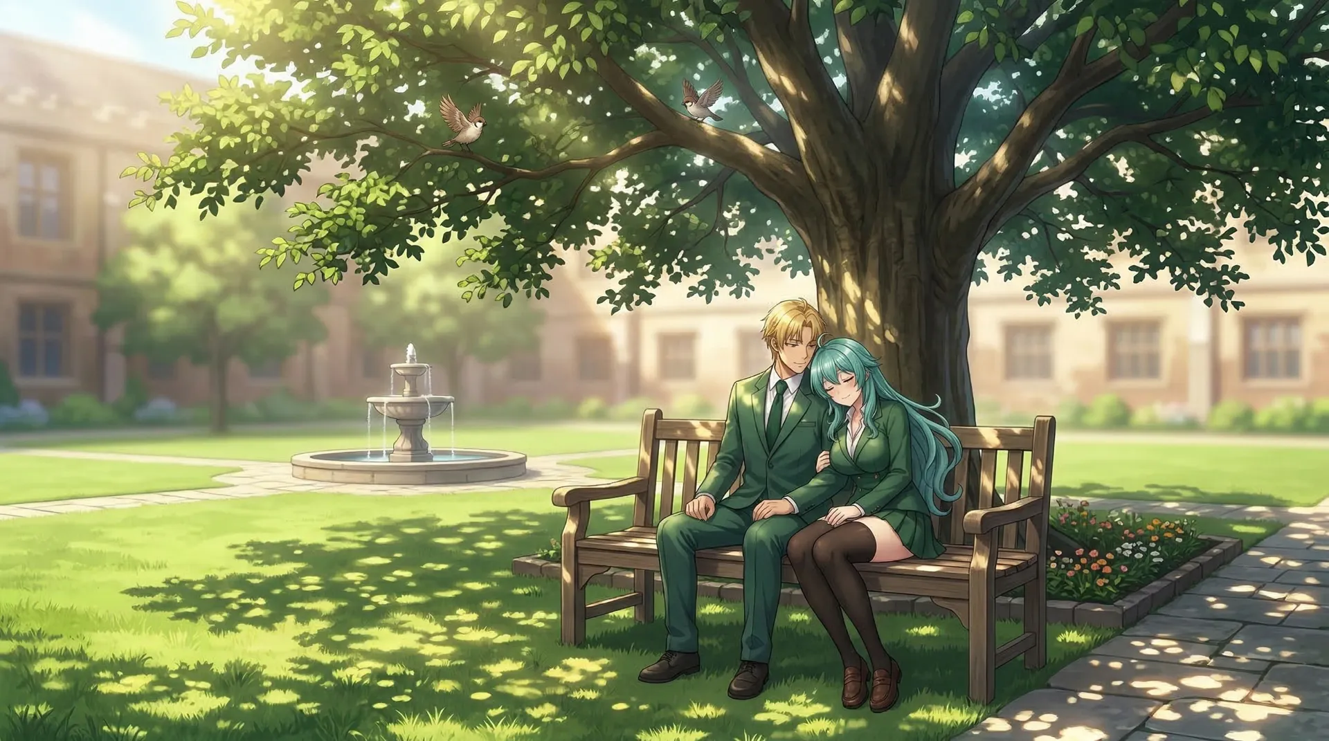 ラムリーザとソニアが、中庭のベンチでいちゃいちゃする場面