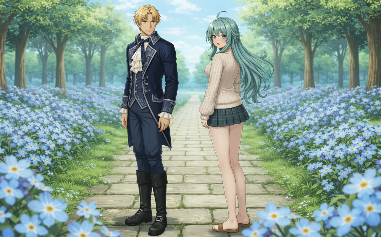 ラムリーザと幼馴染のソニアが、ワスレナグサが咲き乱れる石畳の道を歩く場面