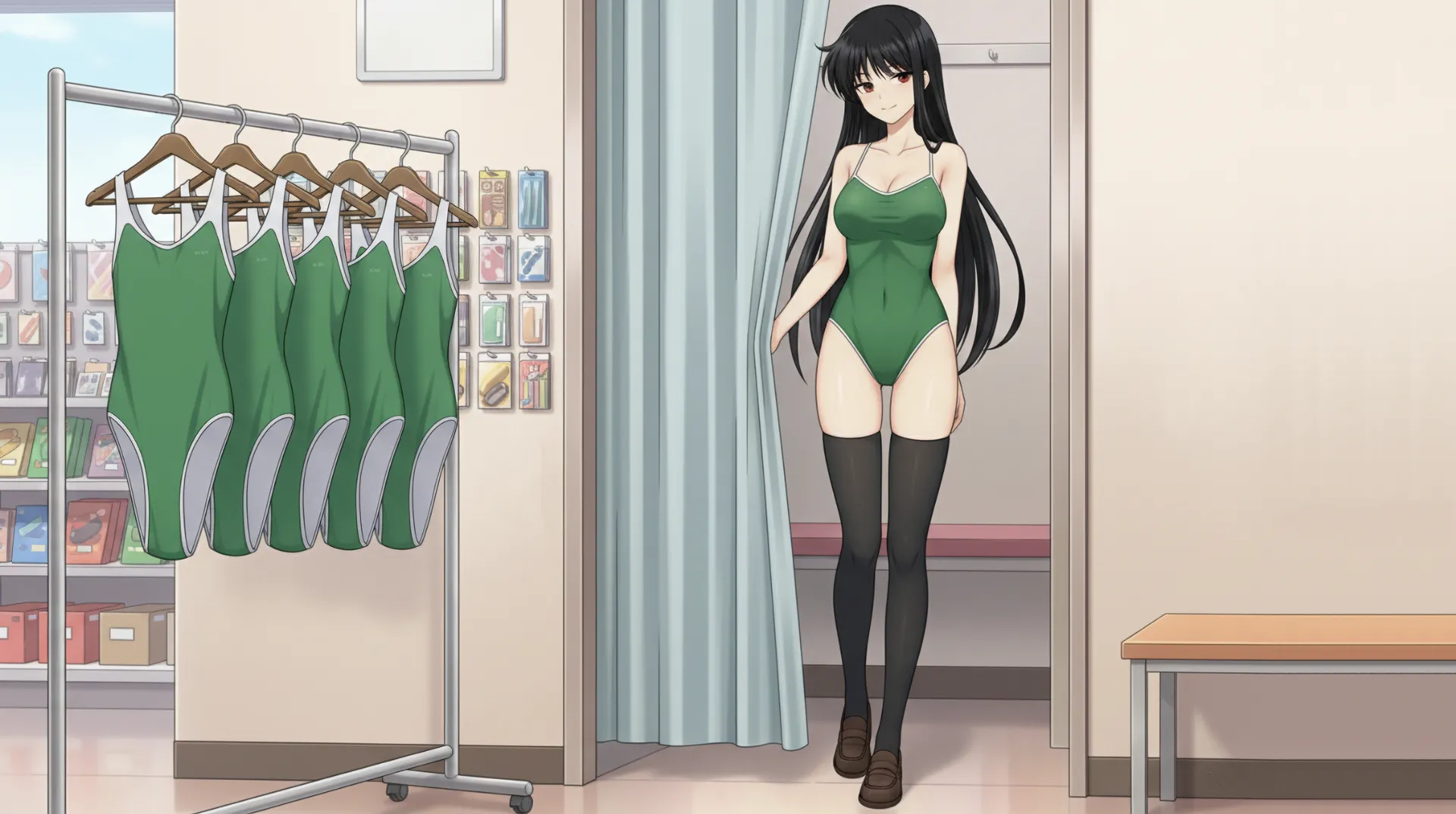 リリスが水着を着て、試着室から出てきた場面