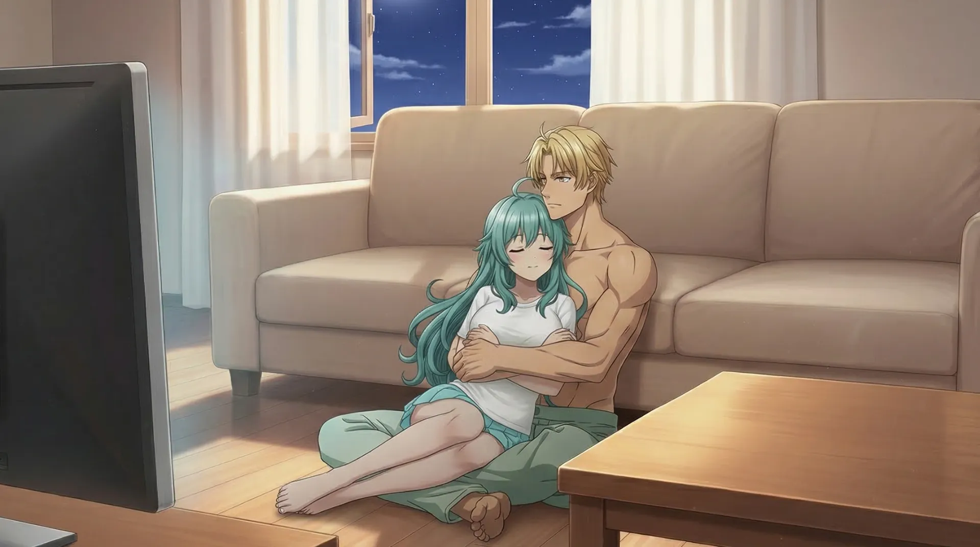 ラムリーザがソニアを後ろから優しく抱きかかえる場面