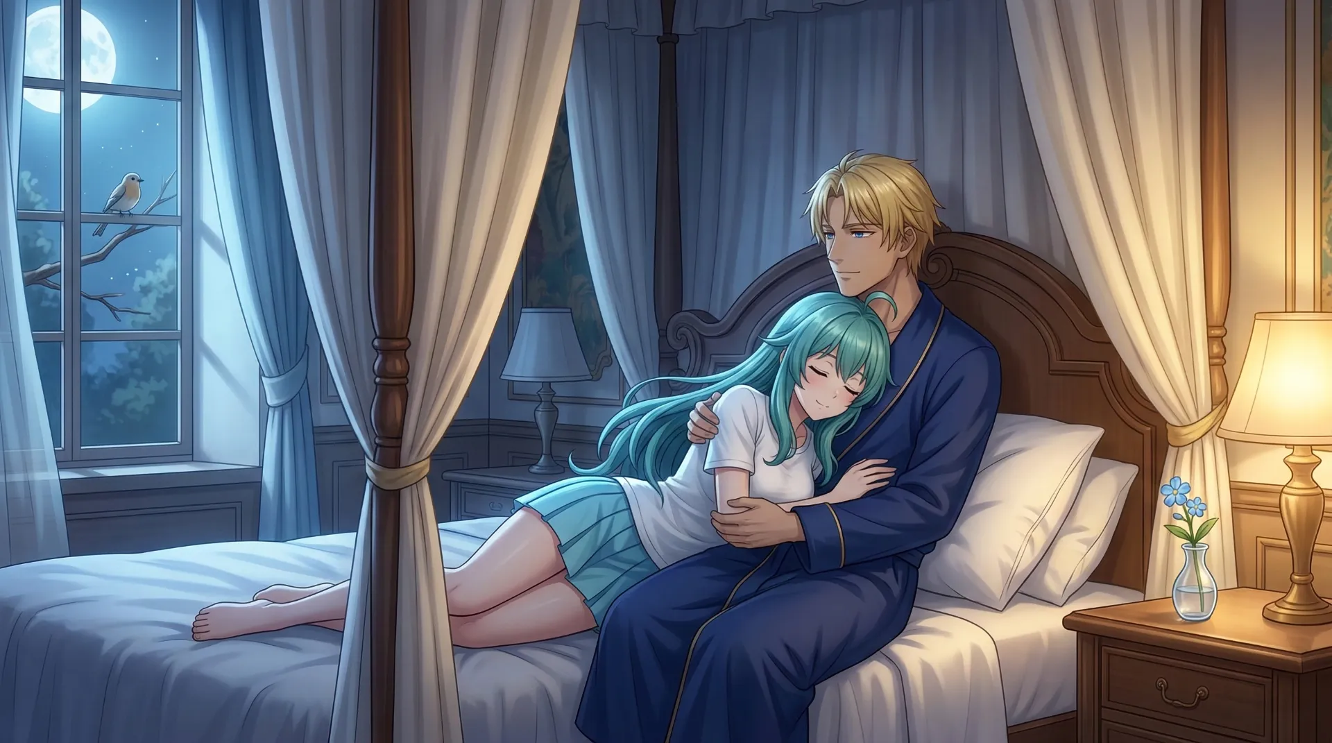 月明かりの差し込む寝室で、四柱式ベッドに腰掛けたラムリーザに寄り添い、ソニアが安心した表情で眠っている場面