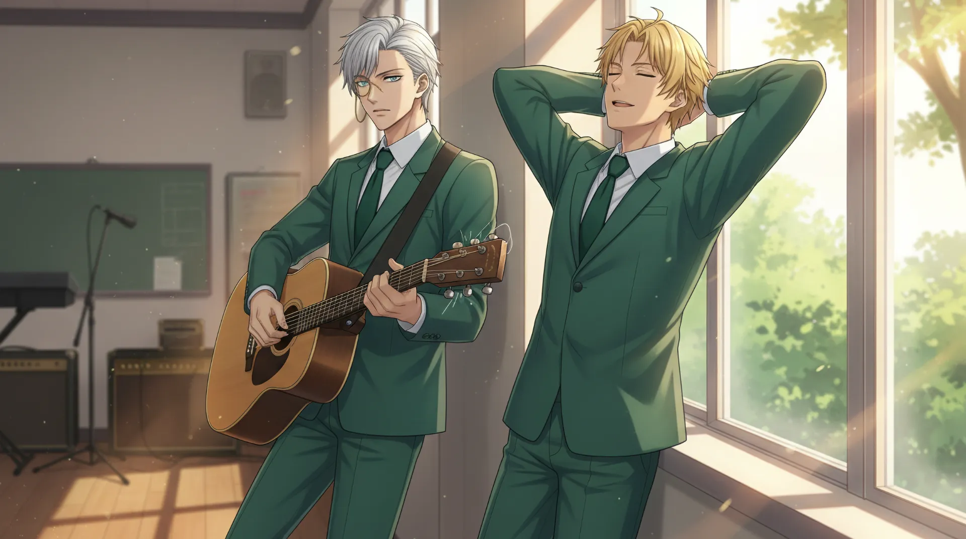 ラムリーザとリゲルが、部室の窓際に並んで雑談する場面