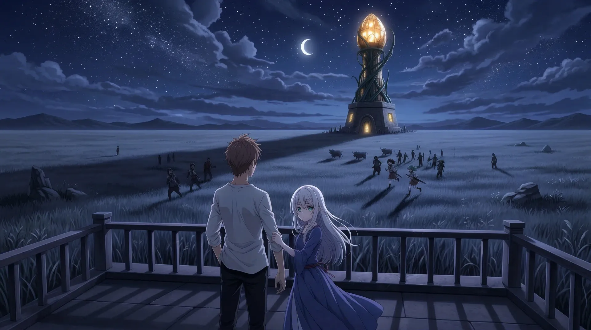 月夜の草原を見渡すデッキで、ラムリーザとユコが、遠くの灯塔と野を行く人影を見つめている。