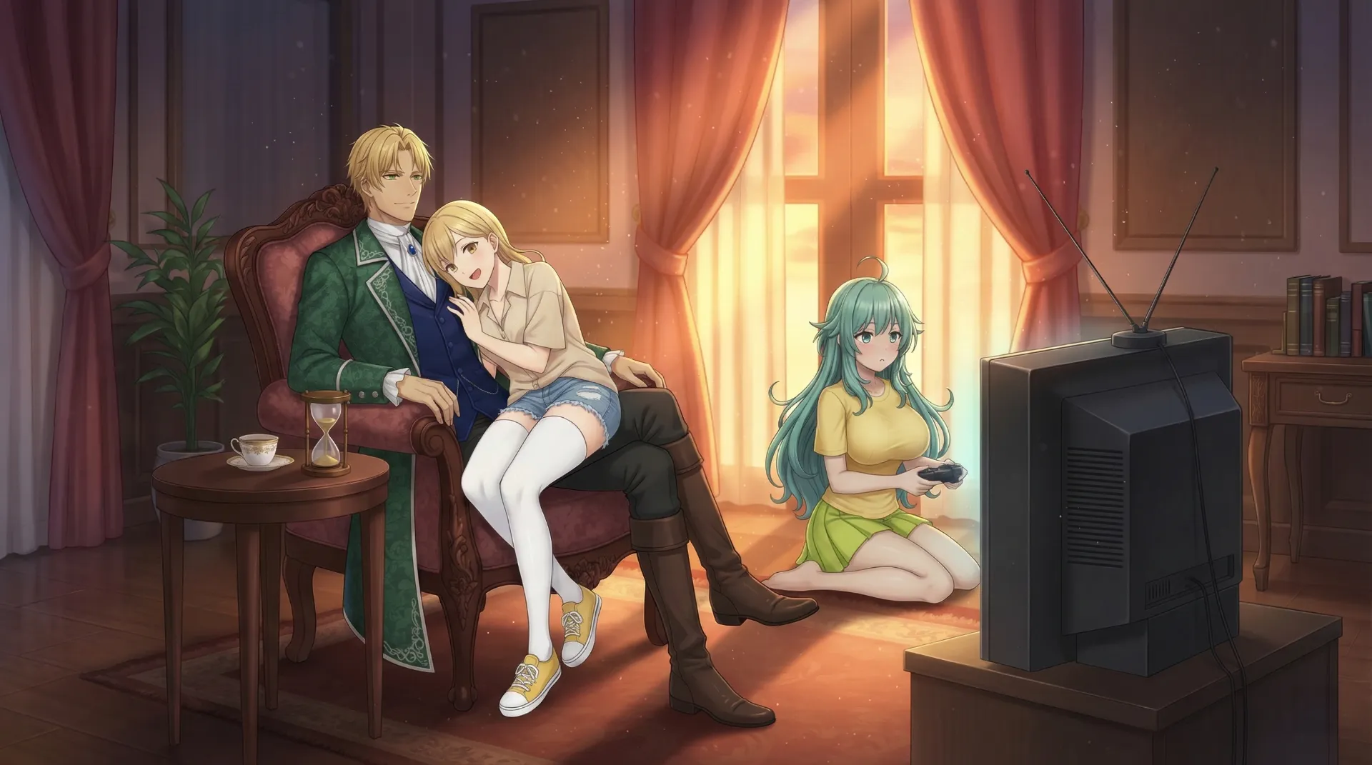 ラムリーザにじゃれつくソフィリータと、ゲームに夢中のソニア