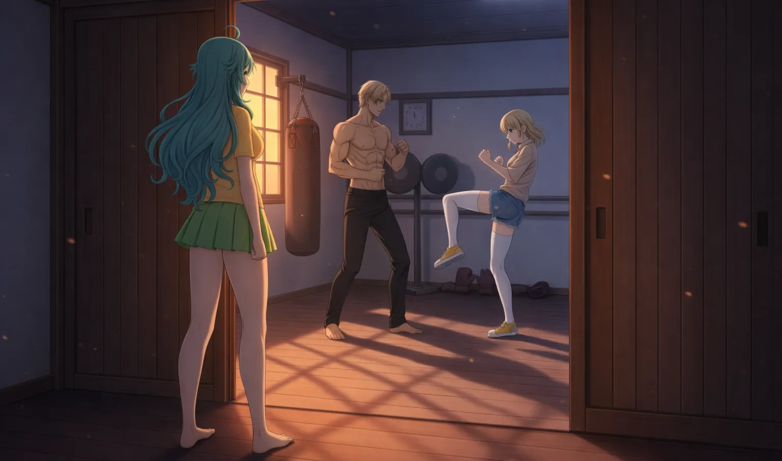 練習部屋で組み手をするラムリーザとソフィリータを見つめるソニア