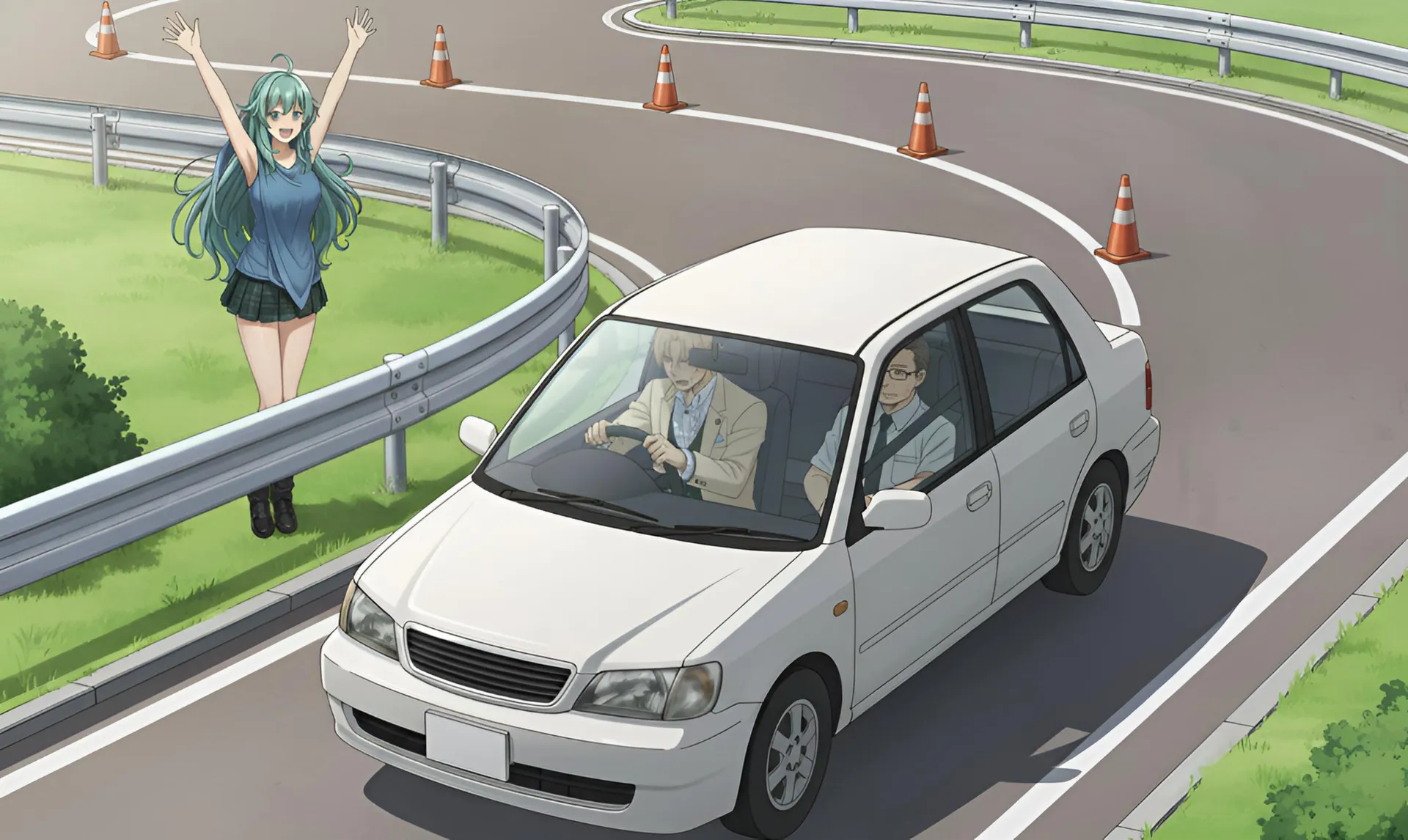 ラムリーザが初めての運転に戸惑い、ソニアがそれを応援する場面