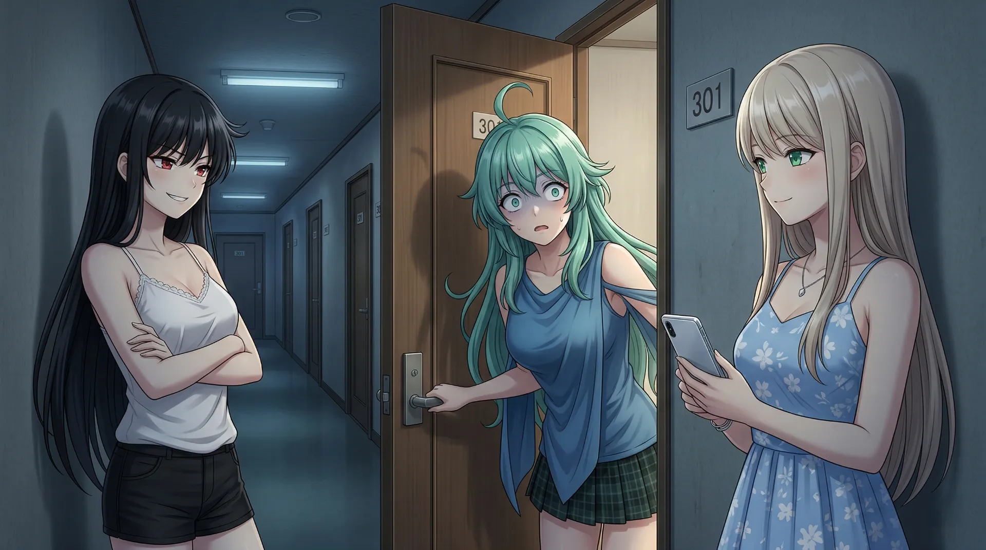 リリスとユコが、部屋から出てくるソニアを待ち構えている場面