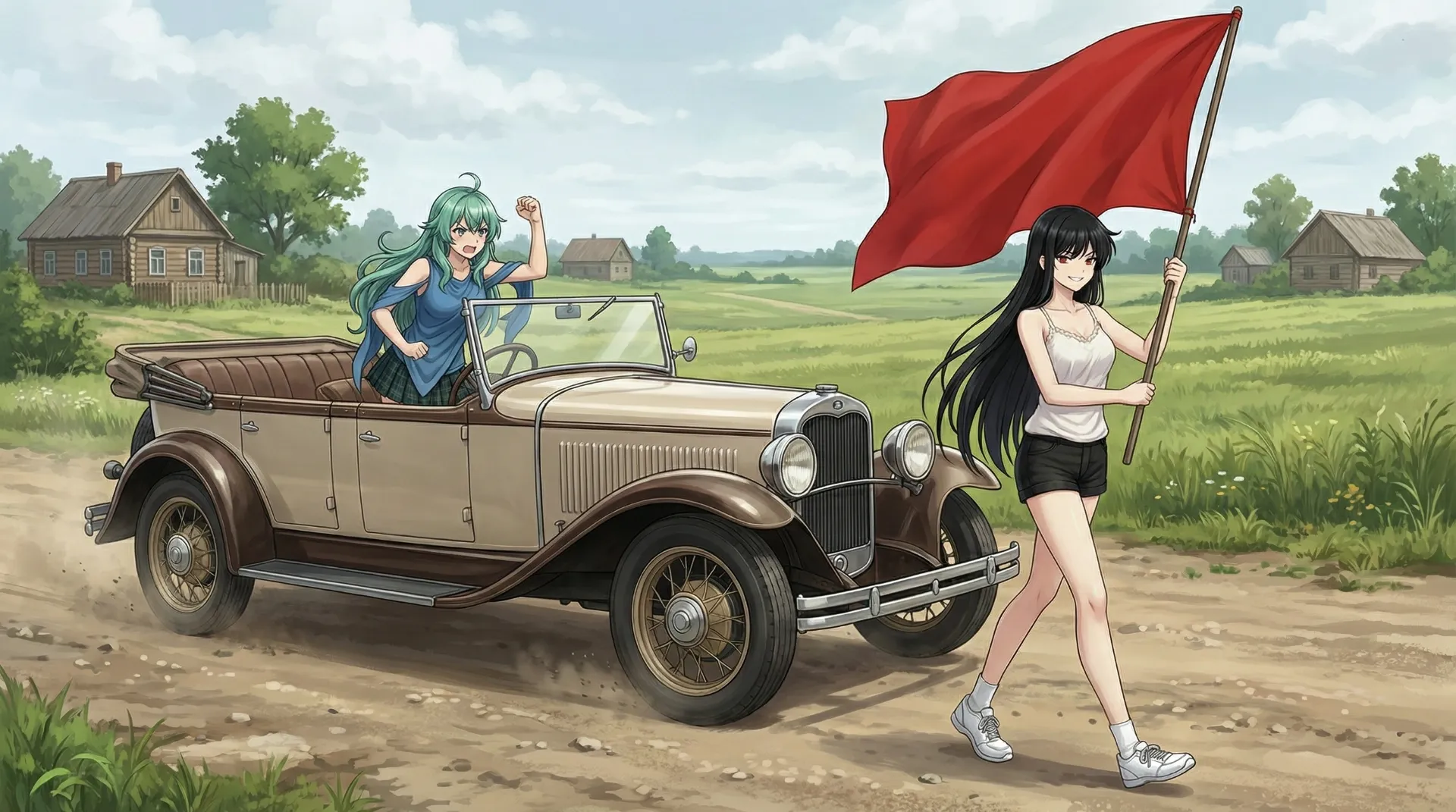 リリスが赤い旗を持って、ソニアが運転する車の前を歩く場面