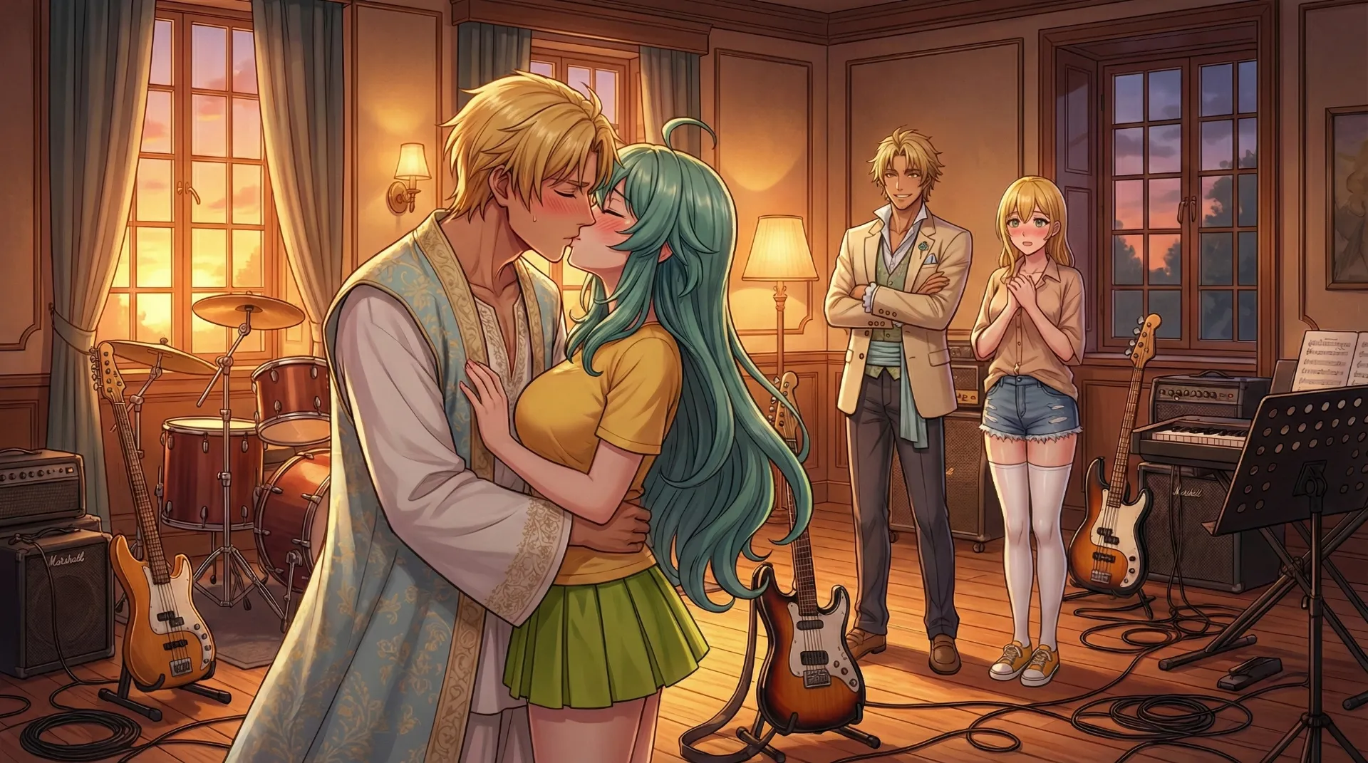 ラムリーザとソニアが、ラムリアースとソフィリータの見守る前で、仲直りのキスをする場面