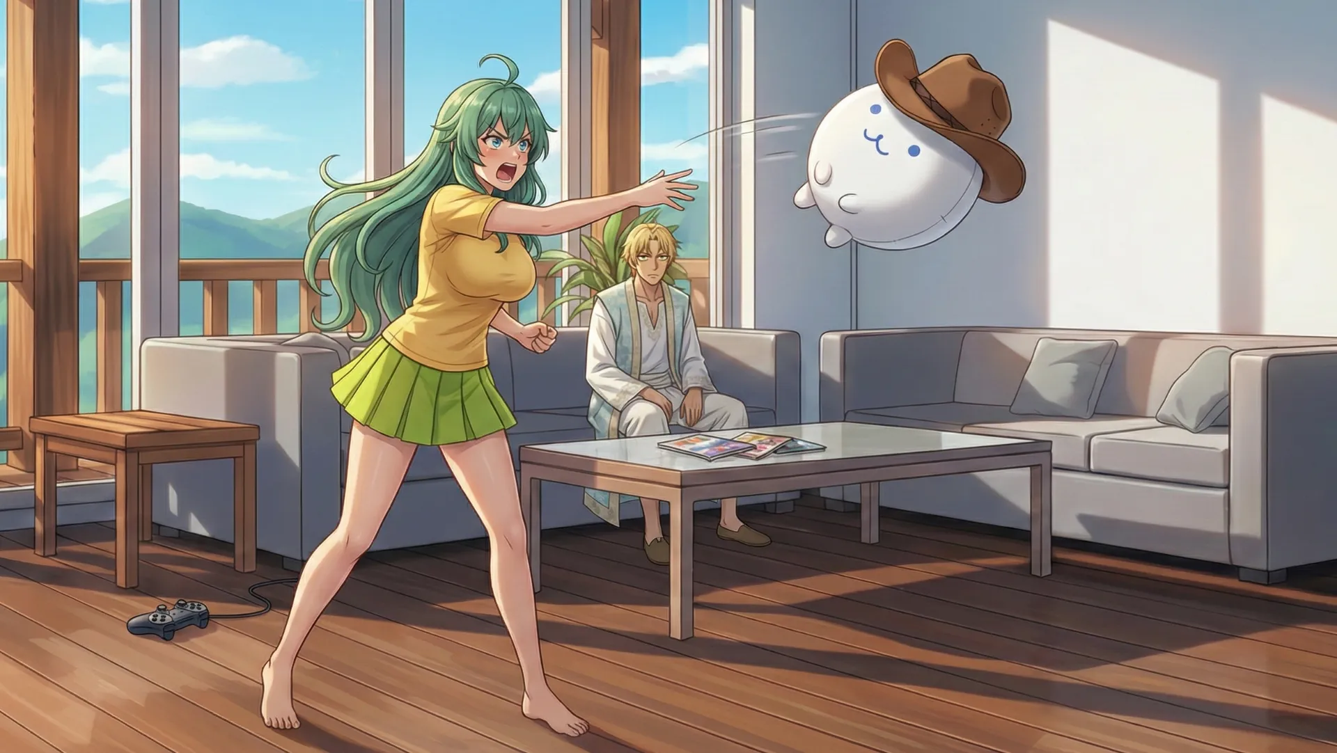 ソニアが、ココちゃんをソファーの上に放り投げた場面