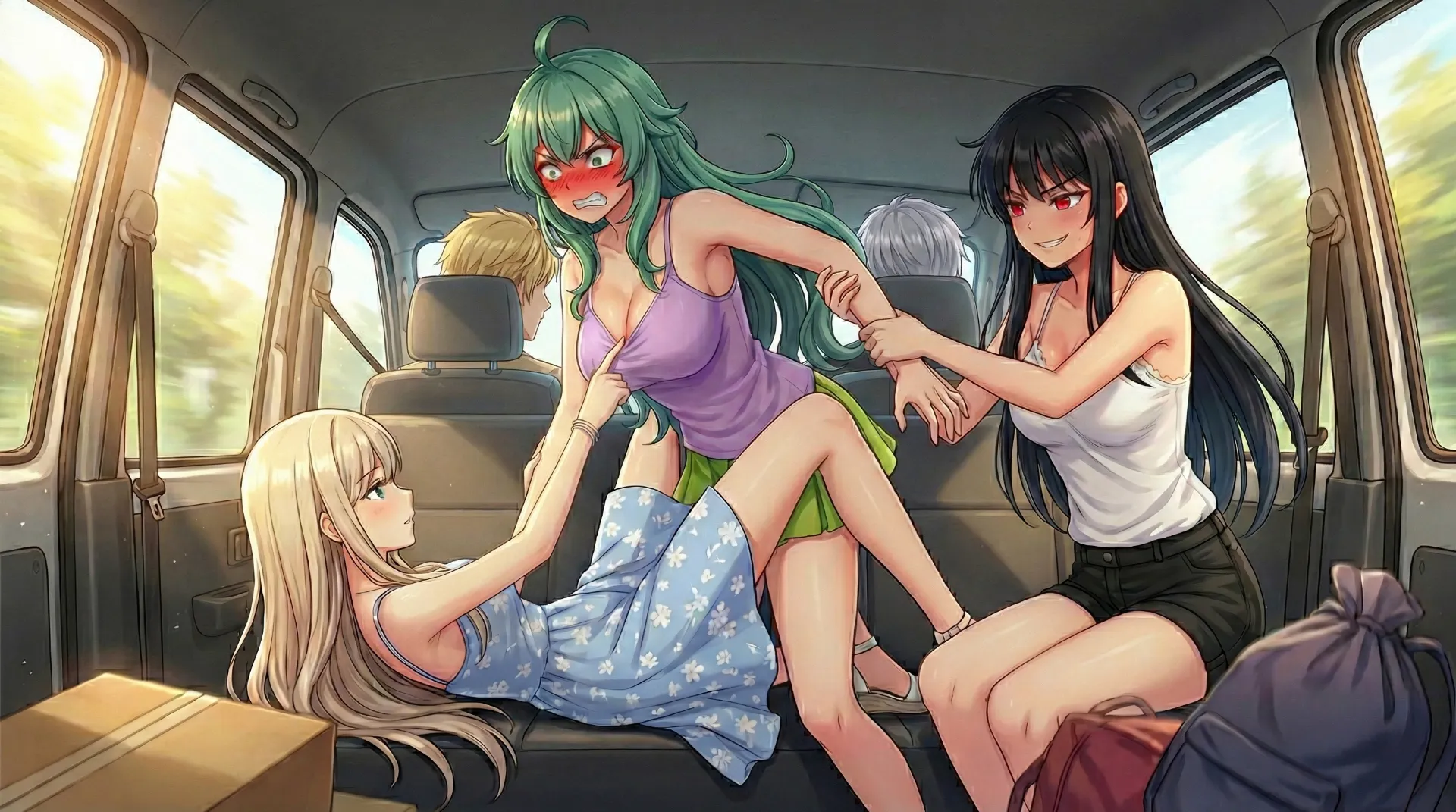 キャンプ場に向かう車の中で、ソニアとユコとリリスが暴れる場面