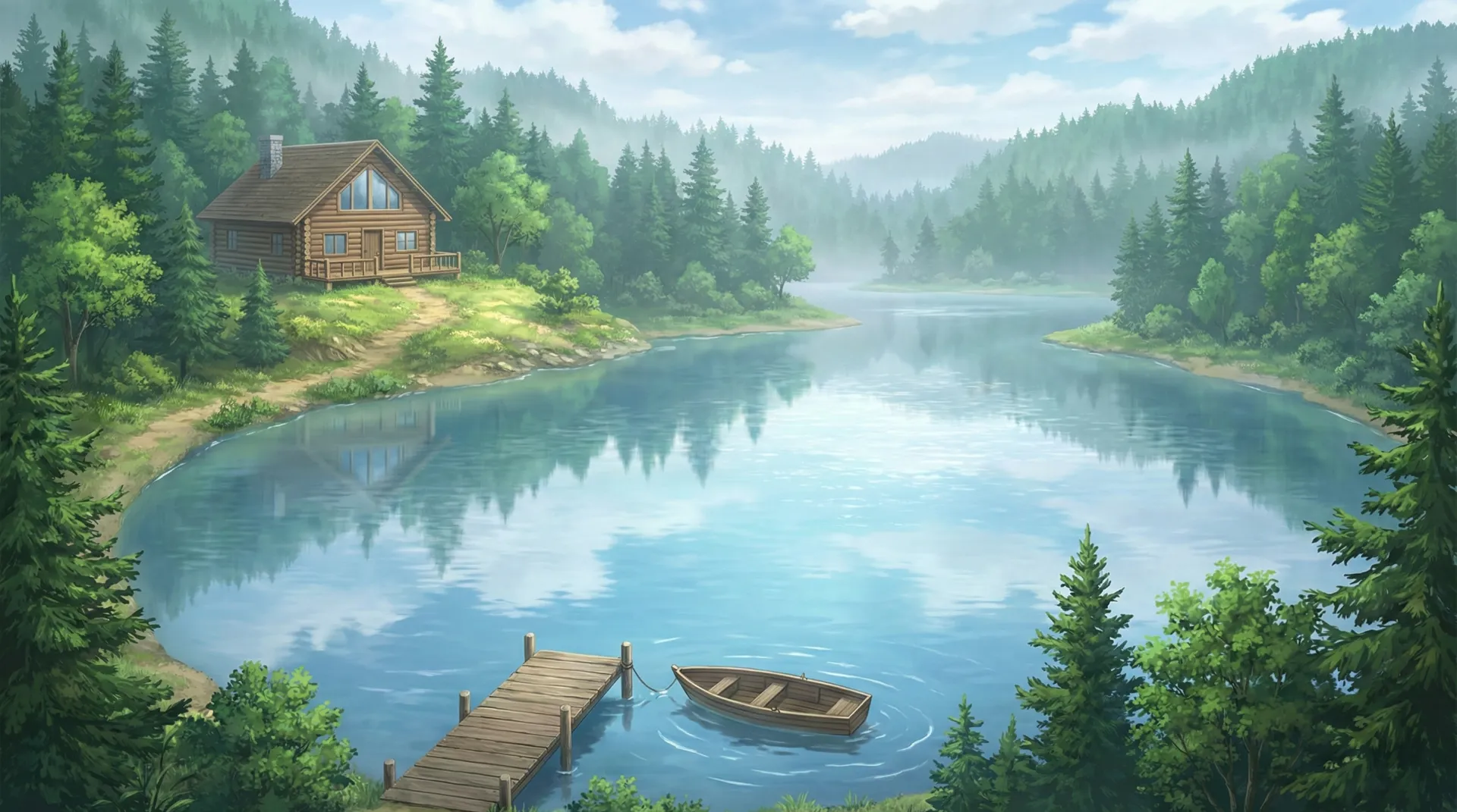 山中の森に囲まれた湖にあるキャンプ場の景色