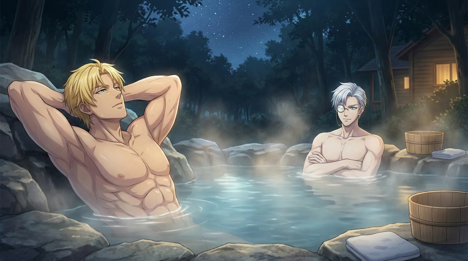 ラムリーザとリゲルが、露天風呂でゆっくりする場面