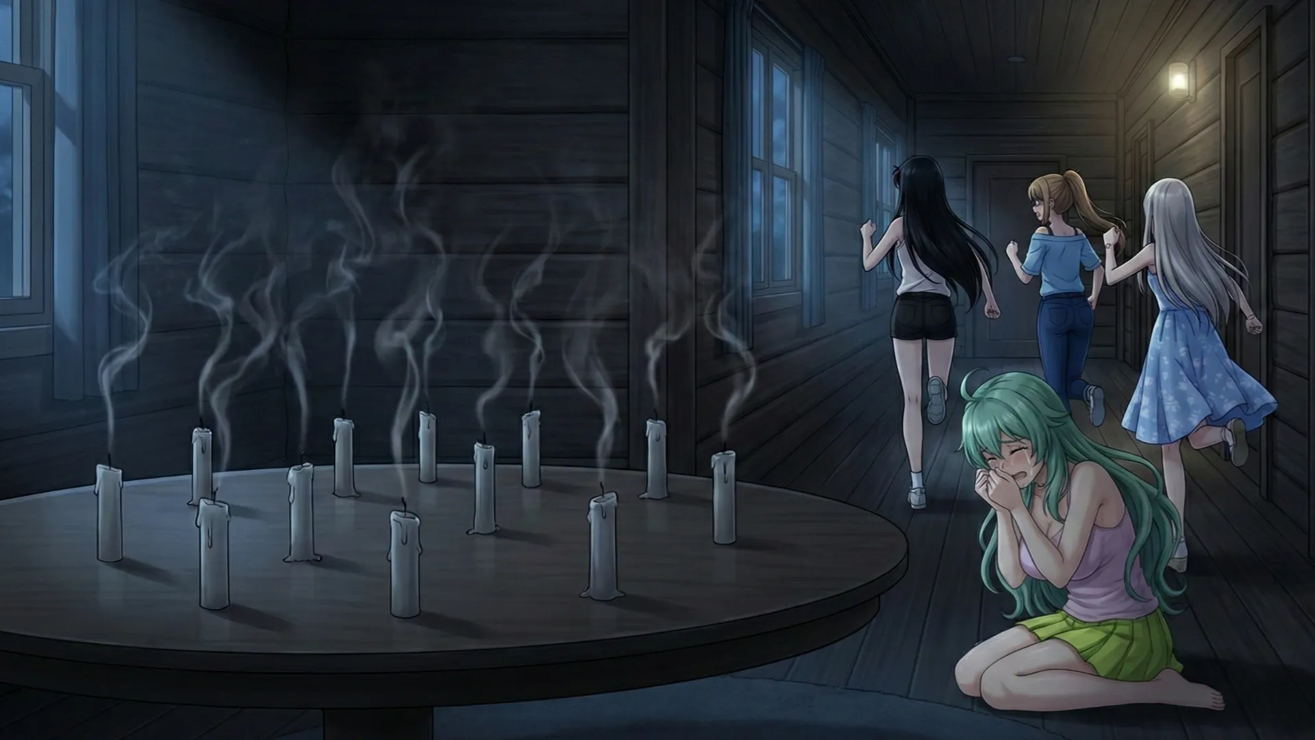 リリスとユコとロザリーンが、恐怖から個室に逃げ出す場面