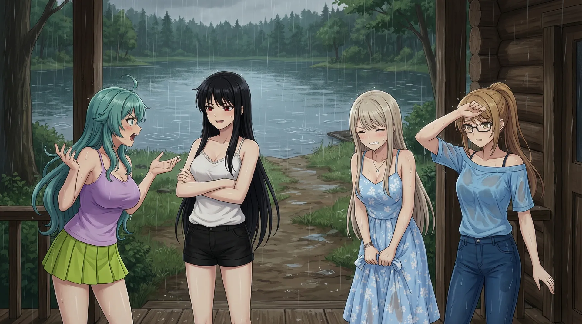 ソニア、リリス、ユコ、ロザリーンがにわか雨でずぶ濡れになる場面