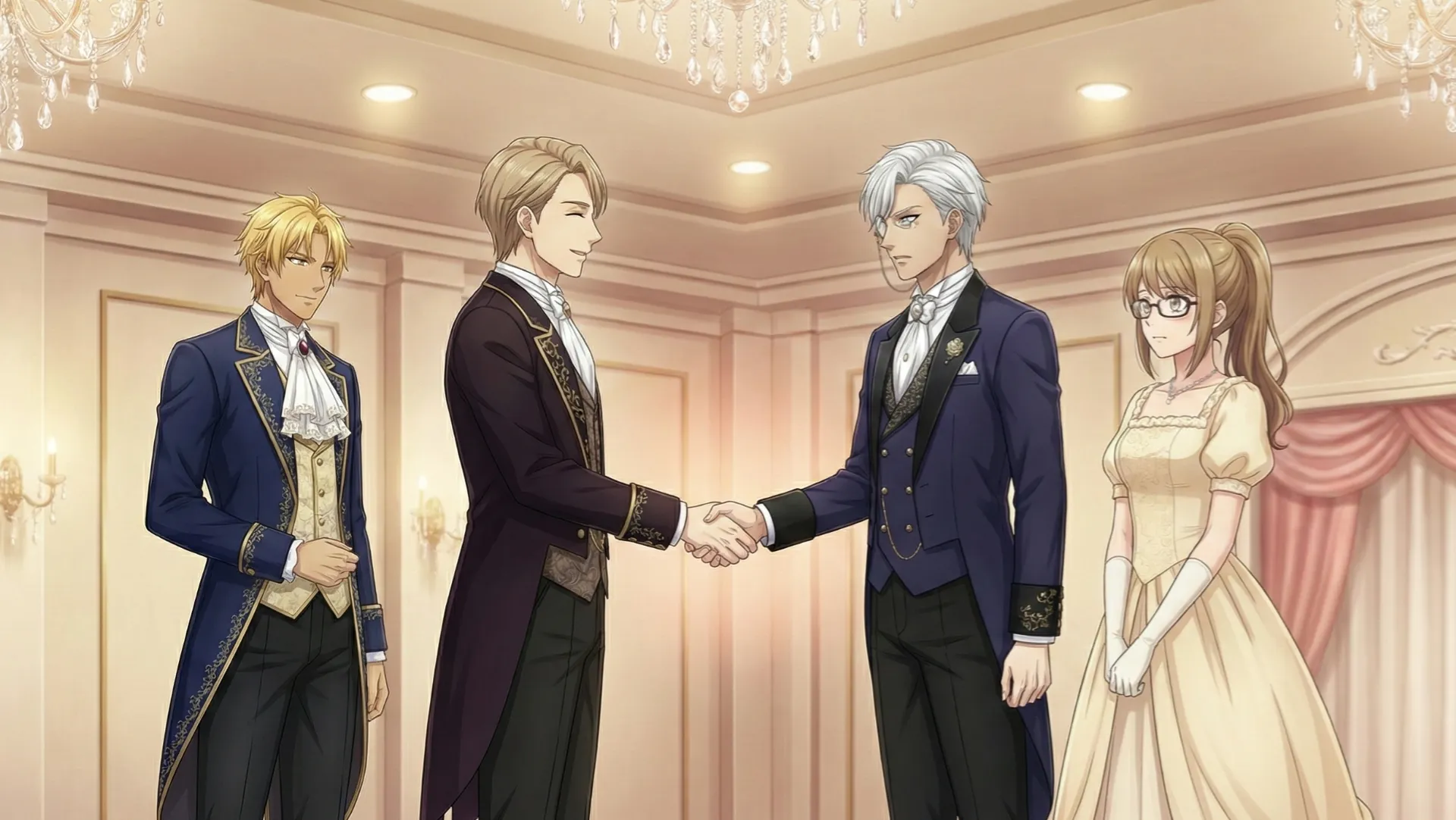 パーティー会場で、ユグドラシルとリゲルが握手する場面