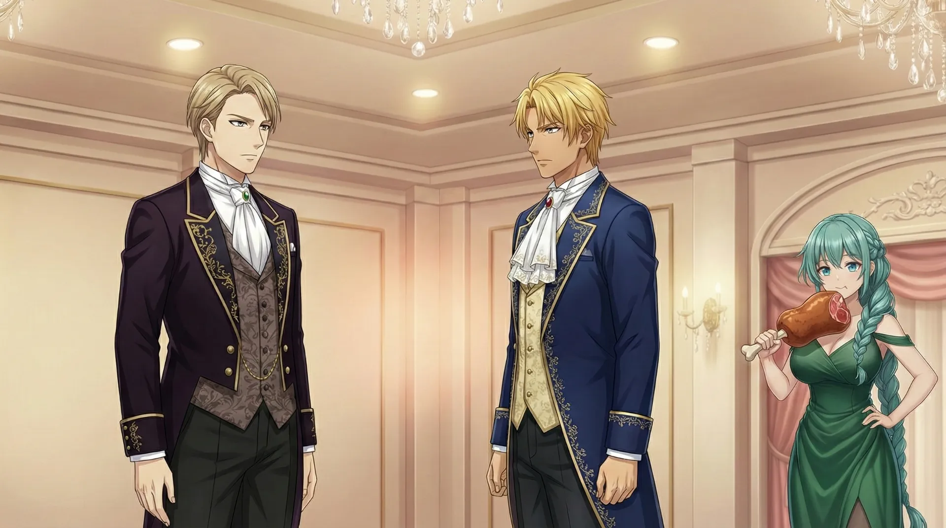 パーティー会場で、ユグドラシルが真面目な顔でラムリーザに語りかけた場面